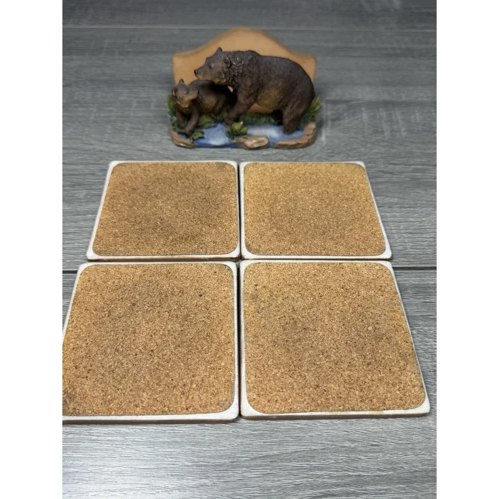 Rustic Bear Family Coaster Set Holder Cabin Lodge Wildlife Decor Outdoorsy